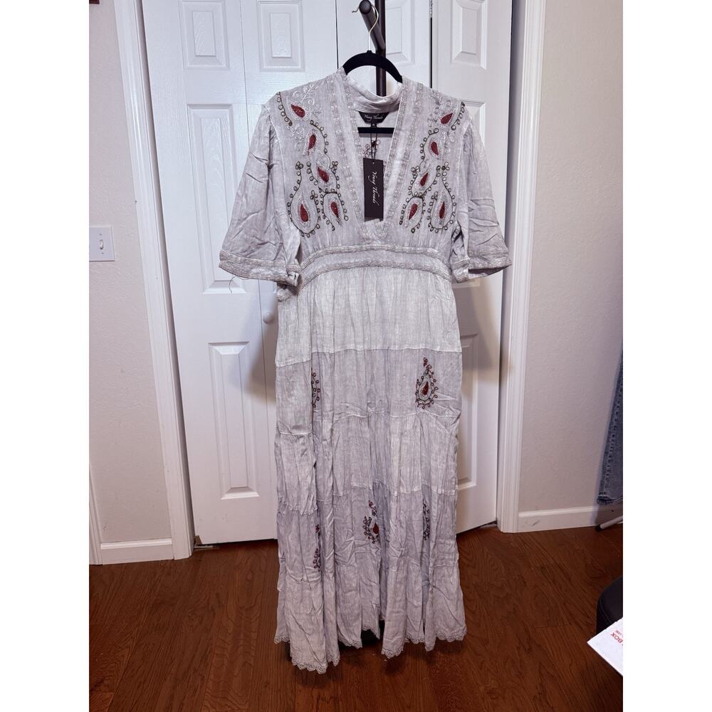 Young Threads Maxi Dress Embroidered Paisley Grey V-Neck Pockets XL Women
